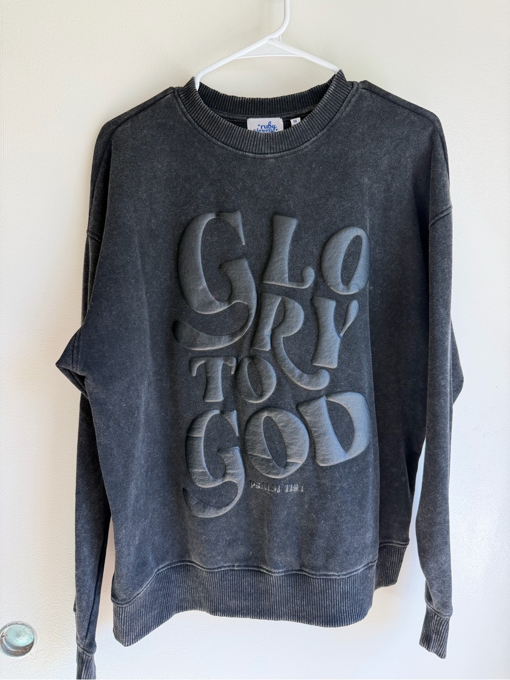 Women’s Black Crewneck Sweatshirt with 'Glory to God' Embossed Graphic